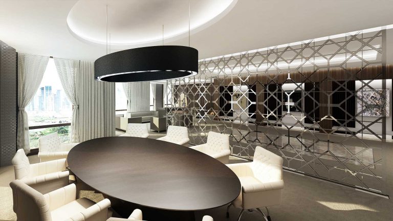 Executive boardroom with patterned metal screen, delivered by EJI Interiors