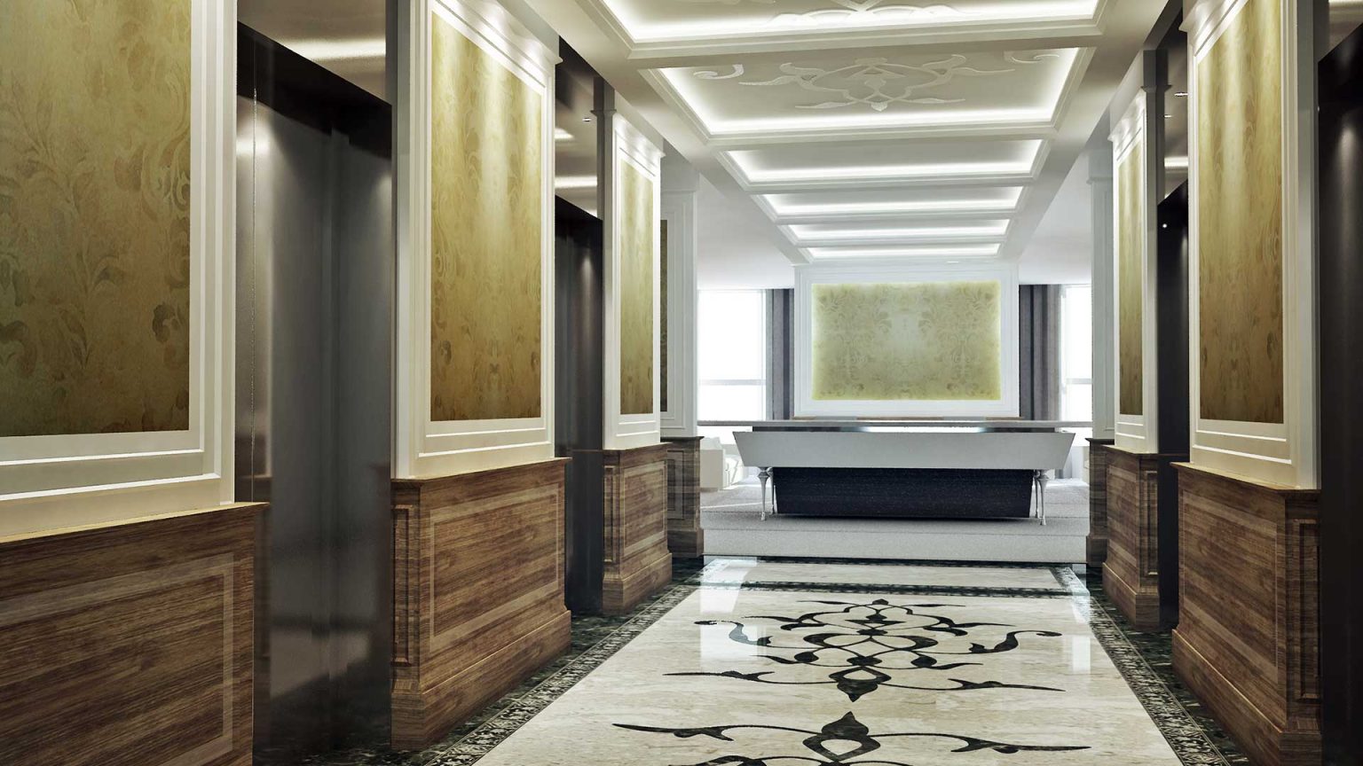 Residential building entrance lobby with marble inlay flooring
